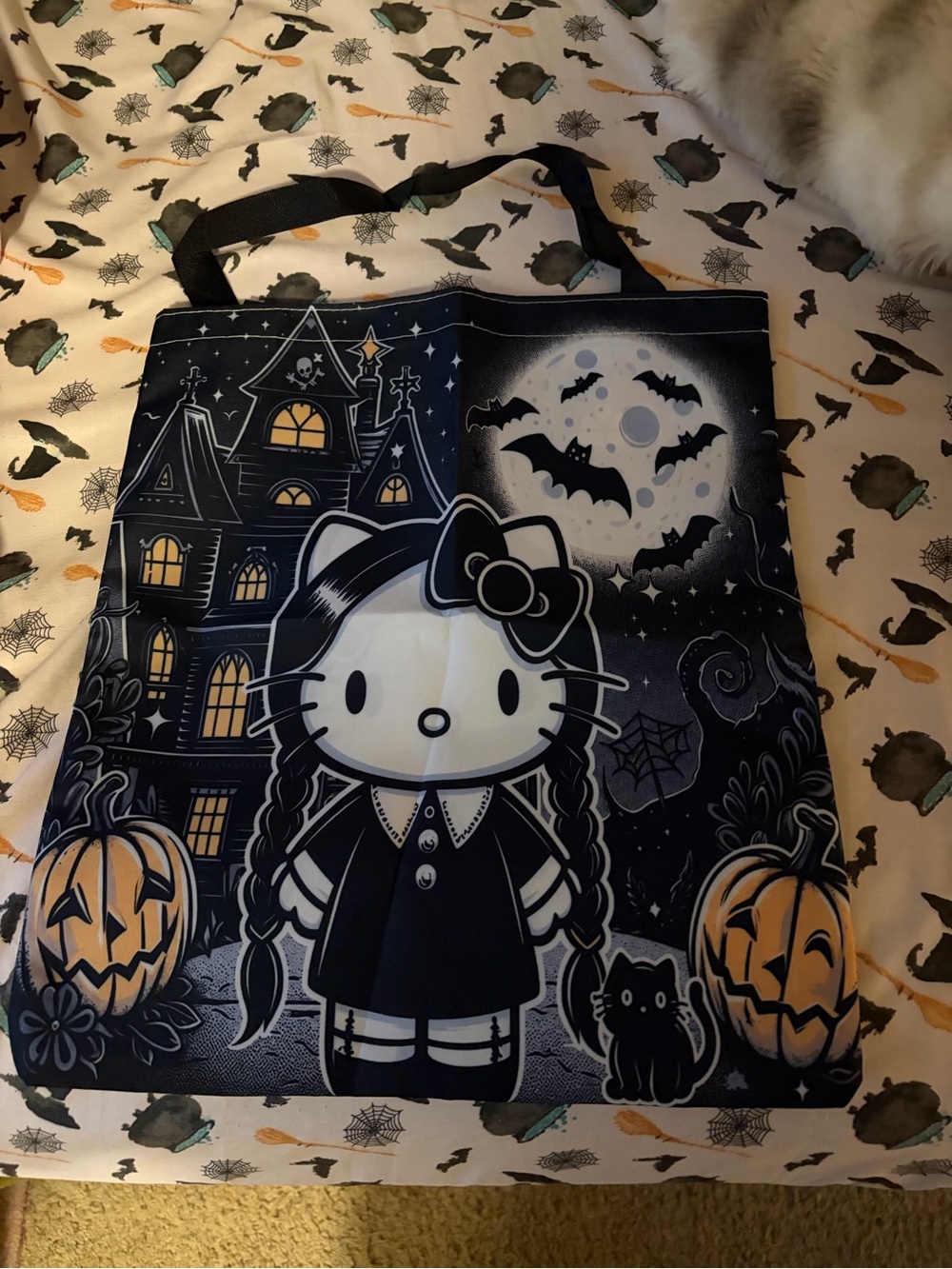 Hello Kitty as Wednesday-Black & White Halloween Tote Bag with Orange Accents
